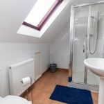 Bathroom with sloped ceiling and skylight, white tiles, shower enclosure, pedestal sink, toilet, radiator, and dark blue rug.