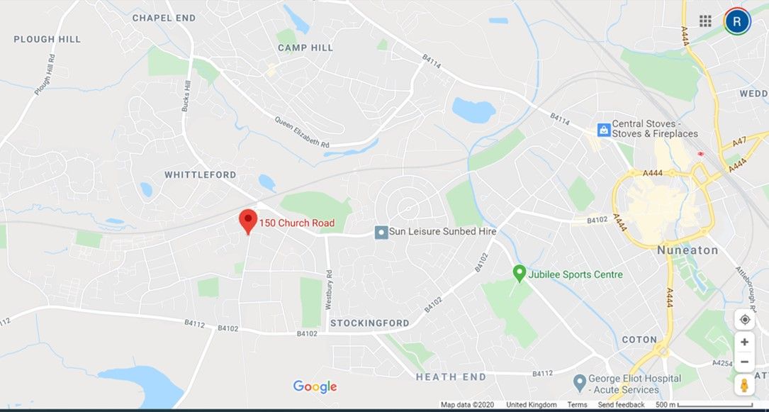 5f299541-f378-4697-bdfc-7a930a32002djpg | RENT A ROOM | Professional House Shares in Warwickshire & West Midlands Map showing a pin at 150 Church Road in Stockingford, near Nuneaton, UK