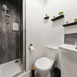 Modern bathroom with a glass shower enclosure, toilet, pedestal sink, and floating shelves with small plants.