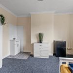 Corner of a beige-walled room with white storage cabinets, a small sink, and a potted plant atop a dresser nearby.