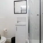 Compact modern bathroom featuring a curved glass shower enclosure, white vanity with sink, and a wall-mounted mirror above. Toilet partially visible on the left.